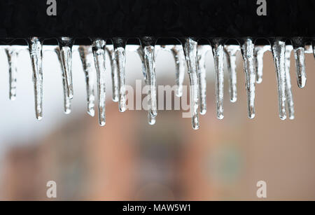 Nahaufnahme von Eiszapfen hängen an Eisen Reihe der Balkon im Haus, Eis überzogen Hintergrund. Stockfoto