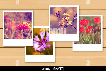 Vintage Blumen Foto auf Holztisch, Photo Collage Stockfoto