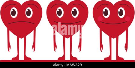 Lustig lachende Smiley Herz. Niedliche Comicfiguren. Helle Vektor einrichten von Herzen Symbole. Kreative Hand gezeichnet Herzen mit unterschiedlichen Emotionen. Vektor illus Stock Vektor