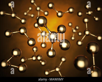 Gold Moleküle Modell Wissenschaft Konzept. Reflektierende golden abstrakte molekulare Form Hintergrund. 3D Rendering illustration Stockfoto