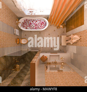 3D-Darstellung eines Interior Design von einem Bad im klassischen Stil. Die freistehende Badewanne mit Rosenblättern und Dusche. In der Ansicht von oben Stockfoto