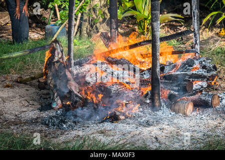 Der Prozess der Verbrennung in der Andamanen und Nikobaren. Hindu Traditionen. Die Inselbewohner des Verstorbenen auf dem Lagerfeuer am Ufer eingeäschert Stockfoto