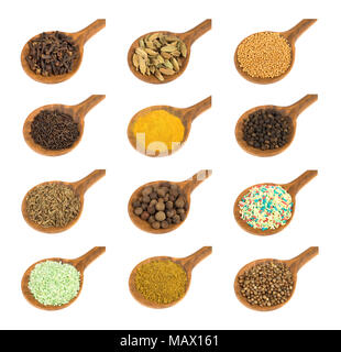 Oder Sammlung von verschiedenen Gewürzen und Samen auf holzlöffel auf weißem Hintergrund Stockfoto