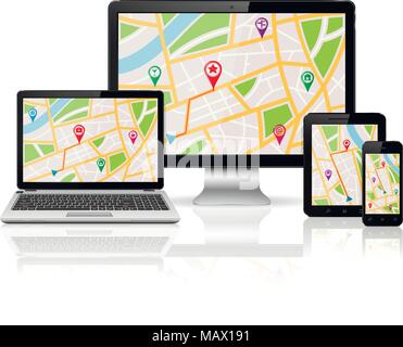 Navigation Konzept. GPS-Karte auf dem Display der modernen digitalen Geräte. Stock Vektor