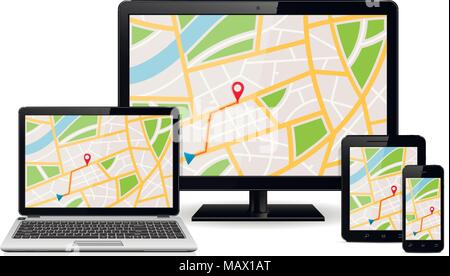 Global Positioning System auf Anzeige der modernen digitalen Geräte Stock Vektor