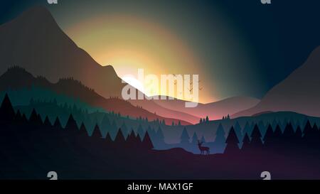 Bei Sonnenuntergang oder in der Dämmerung über Berge mit Hirsch auf Hill Top Pinienwald Landschaft - Vector Illustration Stock Vektor