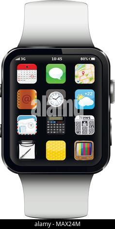 Smartwatch mit app Symbole auf dem Bildschirm, Vector Illustration Stock Vektor
