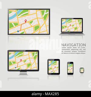 Navigation Vorlage. GPS-Karte auf dem Display der modernen digitalen Geräte Stock Vektor