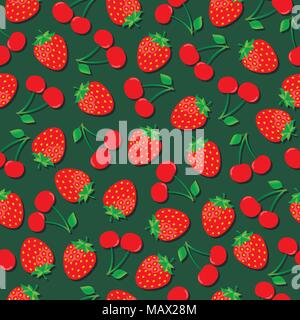 Vektor nahtlose Muster von Erdbeeren und Kirschen auf dunkelgrünem Hintergrund Stock Vektor