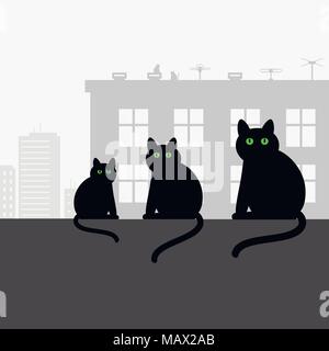 Familie schwarze Katzen mit grünen Augen sitzt auf dem Dach. Vector Illustration. Stock Vektor