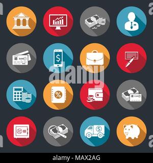 Banken, Geld und Finanzen Icons mit langen Schatten Stock Vektor