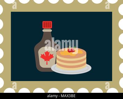 Pfannkuchen und Flasche Sirup bei der Briefmarke Stock Vektor