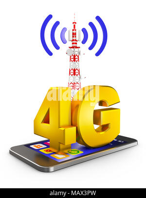 4G auf dem Smartphone und einem Turm. 3D-Rendering. Stockfoto