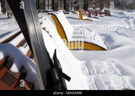 Ein schöner Tag für Langlaufen in Montreal, Kanada, mit einem Paar Ski im Vordergrund gegen Benchpark bedeckt von Schnee. Stockfoto