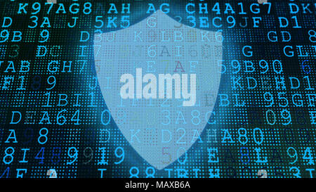 Eine beeindruckende 3D-Illustration von einem Computer Bildschirm diagonal mit blauen codierten Buchstaben und Nummern, die in den schwarzen Hintergrund. Eine große Transparente shiel Stockfoto