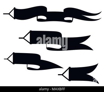 Schwarze Silhouette. Ribbon eingestellt. Air Banner für Flugzeug und Heißluft-ballons. Cartoon Design. Vector Illustration auf weißem Hintergrund. Stock Vektor