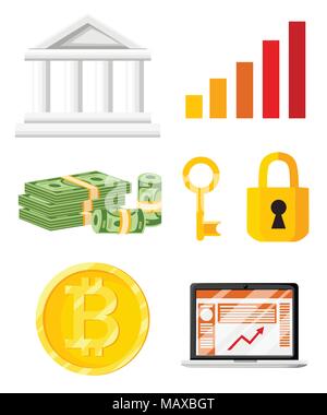 Finanzen Icon Set. Finanzen Sicherheitskonzept. Bitcoin und grünen Banknoten. Vector Illustration auf weißem Hintergrund. Web site Seite und mobile Ap Stock Vektor