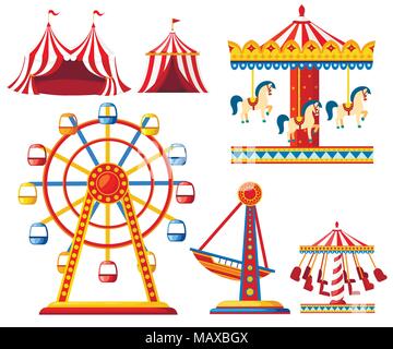 Satz von Karneval Zirkus Symbole. Amusement Park Sammlung. Zelt, Karussell, Riesenrad, Piratenschiff. Cartoon Design. Vector Illustration isoliert Stock Vektor