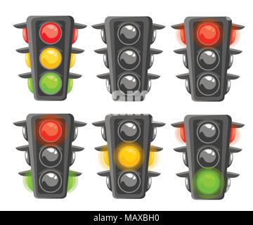 Ampel licht Sequenz. Vertikale Verkehrszeichen mit rot, gelb und grün leuchtet. Cartoon Design. Vector Illustration auf weißen isoliert Stock Vektor