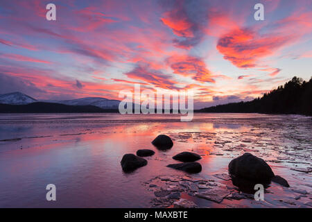 Loch Morlich bei Sonnenuntergang im Winter, Cairngorms National Park, Badenoch und Strathspey, Highland, Schottland, UK Stockfoto