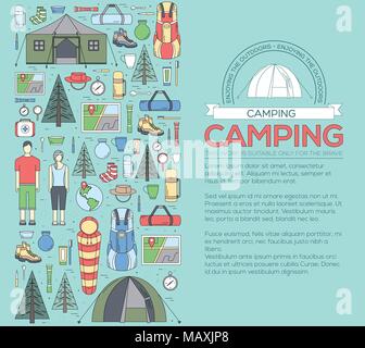 Camping Ausrüstung Kreis Infografiken Konzept Vorlage. Symbole Design für Ihr Produkt oder Ihre Design-, Web- und mobile Anwendungen. Vektor Wohnung mit langen Schatten Abbildung auf blauem Hintergrund Stock Vektor