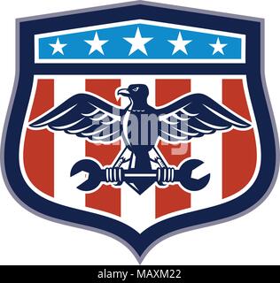 Symbol Retro Stil Abbildung eines amerikanischen Mechaniker Weißkopfseeadler umklammerte Schraubenschlüssel mit den Vereinigten Staaten von Amerika USA Star Spangled Banner oder St Stock Vektor