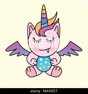 Eine kleine Fantasy Kreatur mit Einhorn und Pegasus. Vector Illustration Stock Vektor