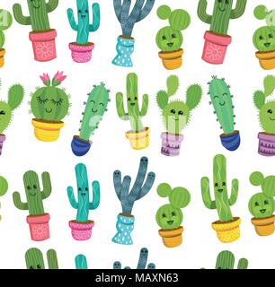 Eine nahtlose Muster von süßen Kaktus Pflanze Zeichen mit lächelnden Gesichtern in bunten Töpfen. Vector Illustration. Stock Vektor