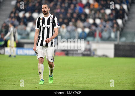 Giorgio Chiellini (Juventus FC), während der UEFA Champions League Viertelfinale Hinspiele Fußballspiel zwischen Juventus Turin und Real Madrid CF bei der Allianz Stadion am 03 April, 2018 in Turin, Italien. Stockfoto