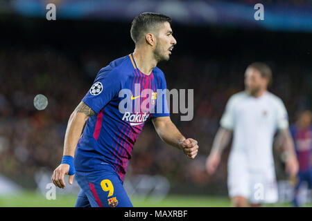 FC Barcelona, Luis Suarez (9) während der UEFA Champions League Spiel zwischen dem FC Barcelona und AS Roma im Camp Nou Stadion entsprechende der Viertelfinale, Hinspiel am 4. April 2018 in Barcelona, Spanien. (Credit: Mikel Trigueros/Urbanandsport/Cordon drücken) Stockfoto