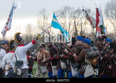 Tapiobicske, Ungarn. 4 Apr, 2018. Menschen neu erlassen, eine historische Schlacht in Tapiobicske, Ungarn, am 4. April 2018. Schlacht von Tapiobicske gekämpft wurde am 4. April 1849 zwischen der ungarischen Armee und des österreichischen Kaiserreiches während der Ungarischen Krieg für die Unabhängigkeit. Credit: Attila Volgyi/Xinhua/Alamy leben Nachrichten Stockfoto