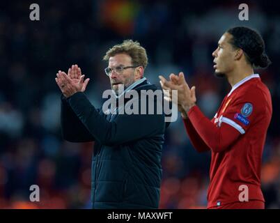 Liverpool. 4 Apr, 2018. Manager Jürgen Klopp von Liverpool feiert nach dem Gewinn der UEFA Champions League Viertelfinale Hinspiele Match zwischen Liverpool und Manchester City bei Anfield Stadion in Liverpool, Großbritannien am 4. April 2018. Liverpool gewann 3-0. Quelle: Xinhua) für die redaktionelle Verwendung. Nicht FÜR DEN VERKAUF FÜR MARKETING ODER WERBEKAMPAGNEN. Keine VERWENDUNG MIT NICHT AUTORISIERTEN Audio-, Video-, Daten-, SPIELPLÄNE, Verein/LIGA LOGOS ODER "LIVE" Dienstleistungen. IN-MATCH VERWENDUNG BESCHRÄNKT AUF 45 Bilder, kein Video EMULATION ONLINE. Keine VERWENDUNG IN Wetten, Spiele oder einzelne Verein/Liga/PLAYER PUBLIKATIONEN./Xinhua/Alamy leben Nachrichten Stockfoto