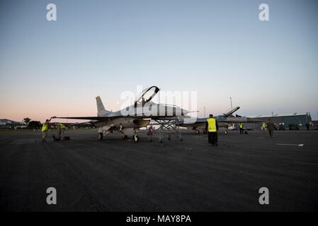 Pacific Air Kräfte' F-16 Demonstration team Crew Mitglieder durch post-flight Kontrollen nach einer Demonstration Ausbildung Flug zum Internationalen Flughafen Christchurch, Neuseeland, 28. März 2018. Us-Streitkräfte nahmen an Warbirds über Wanaka (WOW) Airshow 2018 militärisch zu stärken-zu-militärischen Beziehungen mit unseren Neuseeland Partner bei gleichzeitiger Förderung der Beziehungen mit Partnern in der indopazifischen Region. Antenne Veranstaltungen wie WOW Airshow 18 Stellen in den USA die Möglichkeit, ihre internationalen Partnerschaften und militärische Stärkung der militärischen Beziehungen mit Verbündeten und Partnern in der gesamten Region. (U.S. Stockfoto