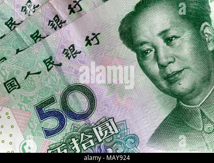 China 50 Yuan nimmt mit Schriftzeichen Stockfoto