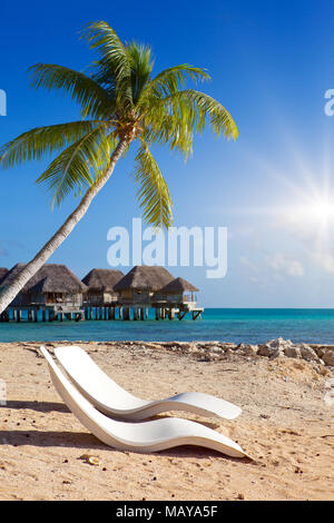 Zwei Stühle auf der Sandstrand, eine Palme über Ihnen und Häuser über dem Wasser auf das blaue Meer. Polynesien. Stockfoto