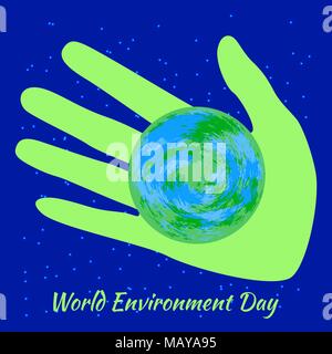 Tag der Umwelt. Grüne Hand, die eine Erde. Blaue Nacht Hintergrund Stock Vektor
