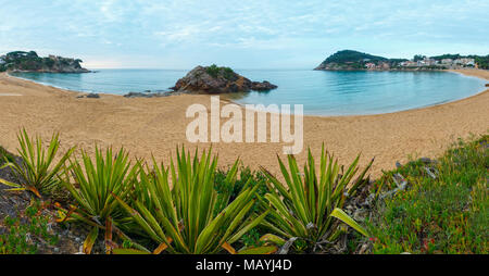 La Fosca Strand Sommer morgen Landschaft mit Burgruine und Agaven, Palamos, Girona, Costa Brava, Spanien. Zwei Schüsse stitch Panorama. Stockfoto