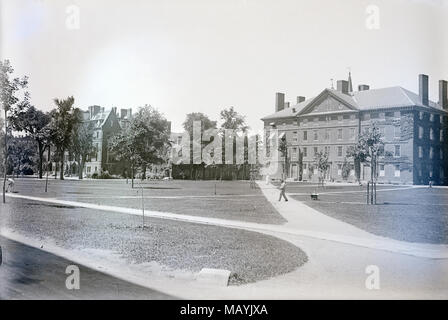 Antike c 1910 Foto, Harvard Yard mit Gebäuden Matthews Halle (l), Massachusetts Hall (c) und Hollis Halle (r) in Cambridge, Massachusetts. Quelle: ORIGINAL GLAS NEGATIVE Stockfoto