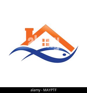 Abstrakte Lake House wässrige Fisch Orange Blau Symbol Logo Vector Graphic Design Stock Vektor