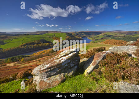 Die obere Derwent Valley von Whinstone Lee Tor auf Derwent Rand gesehen im Spätherbst. Stockfoto