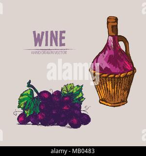 Digitale Vektor detaillierte Strichzeichnungen Krug Wein und Traubenmost Bündel hand retro Abbildung Sammlung erstellt. Dünne künstlerische Bleistift skizzieren. Jahrgang Tinte Stock Vektor