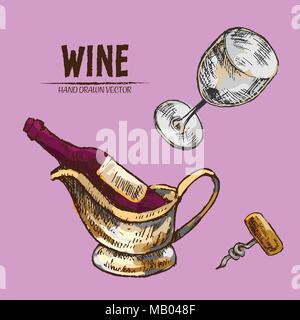 Digitale Vector ausführliche Line Art Wein, Weinglas und Opener und Hand retro Abbildung Sammlung erstellt. Dünne künstlerische Bleistift skizzieren. Jahrgang im Stock Vektor