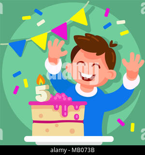 Happy Boy Charakter, mit Geburtstag Kuchen. Lächelnd, fröhliches Kind, mit erhobenen Händen in der Nähe der Torte. Vektor Konzept Abbildung im modernen Stil. Stockfoto