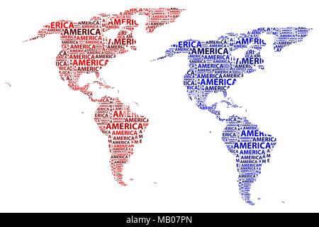 Skizze Amerika schreiben Text Kontinent Amerika Wort - in der Form des Kontinents, Karte von Kontinent Amerika - Rot und Blau Vector Illustration Stock Vektor