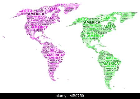 Skizze Amerika schreiben Text Kontinent Amerika Wort - in der Form des Kontinents, Karte von Kontinent Amerika - lila und grün Vector Illustration Stock Vektor