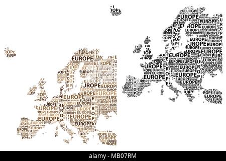 Skizze Europa schreiben Text Kontinent, Europa Wort - in der Form des Kontinents, Karte von Kontinent Europa - braun und schwarz Vector Illustration Stock Vektor
