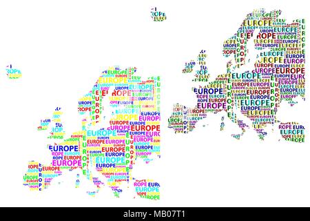 Skizze Europa schreiben Text Kontinent, Europa Wort - in der Form des Kontinents, Karte von Kontinent Europa-color Vector Illustration Stock Vektor