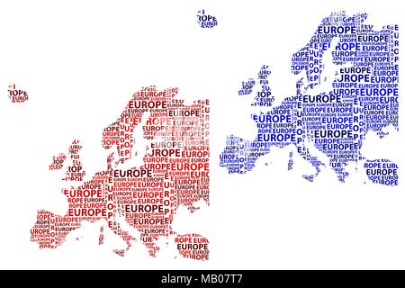 Skizze Europa schreiben Text Kontinent, Europa Wort - in der Form des Kontinents, Karte von Kontinent Europa - Rot und Blau Vector Illustration Stock Vektor