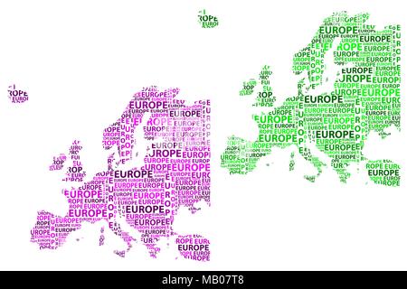 Skizze Europa schreiben Text Kontinent, Europa Wort - in der Form des Kontinents, Karte von Kontinent Europa - lila und grün Vector Illustration Stock Vektor