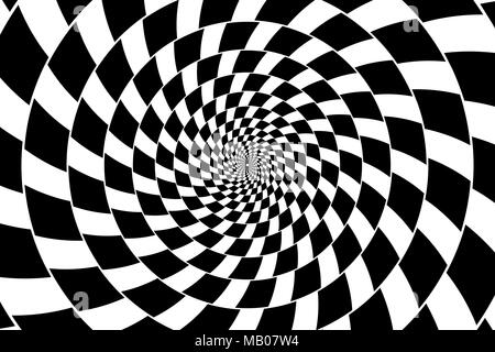 Schwarze und weiße Spirale der Rechtecke radial von der Mitte, optische Illusion - Schachbrett Swirl, Stock Vektor